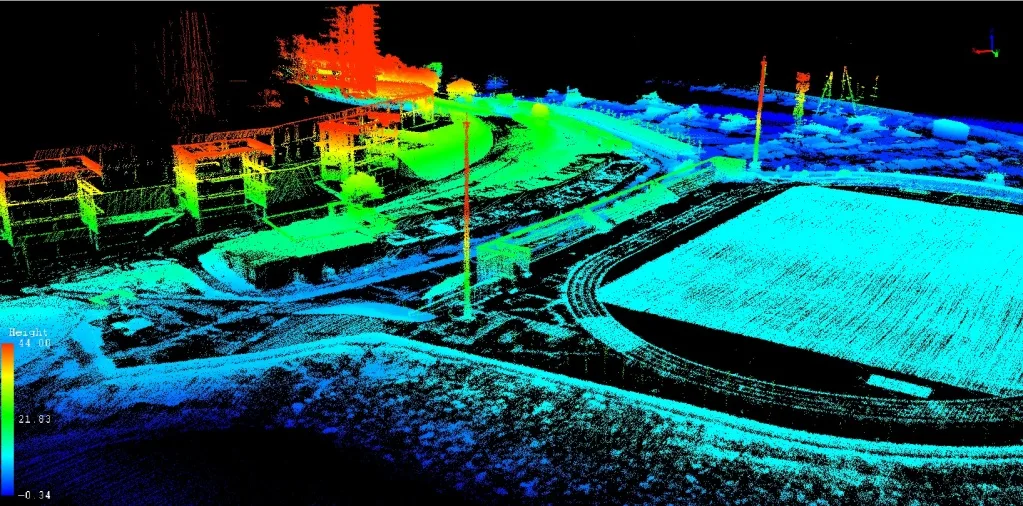 Облако точек лазерного сканирования, раскрашенное в зависимости от высоты объектов Облако точек лазерного сканирования, раскрашенное в зависимости от высоты объектов
